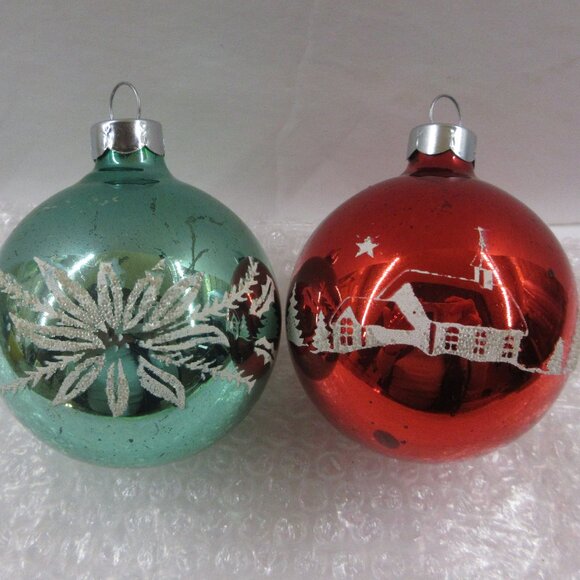 2 Paragon Venetian Dew Stencil Glass Christmas Ornaments Red & Blue Vintage - Picture 1 of 13